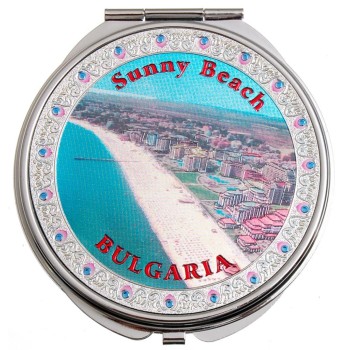Сувенирно джобно огледало метал с капаче с декорирация - плажна ивица Слънчев бряг