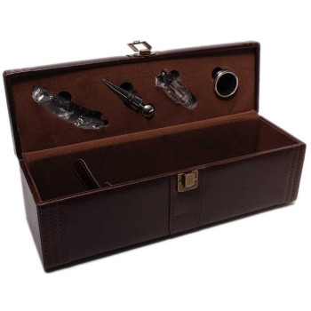 Луксозен комплект за вино от четири части - тирбушон, тапа, ринг, резач и място за бутилка в масивна дървена кутия