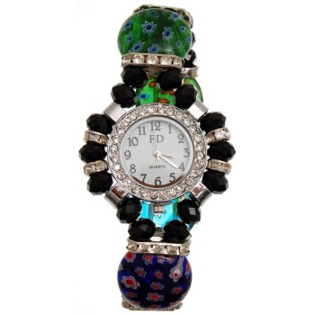 Елегантен часовник с верижка на ластична основа, декориран с цветни камъни