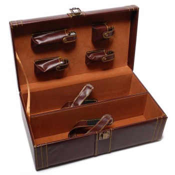 Луксозен комплект за вино от четири части - тирбушон, тапа, ринг, резач и място за две бутилки в масивна дървена кутия