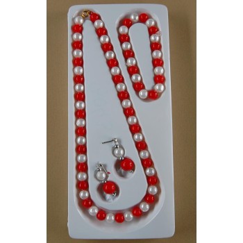 Мартенски комплект бижута - колие, гривна и обеци - перли в бяло и червено