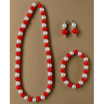 Мартенски комплект бижута - колие, гривна и обеци - перли в бяло и червено