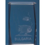 Безцветен стъклен куб с триизмерно гравирани - две рибки и надпис България