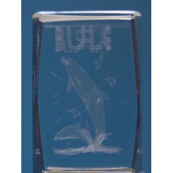 Безцветен стъклен куб с триизмерно гравирани - два делфина с музикални ноти около тях и надпис България