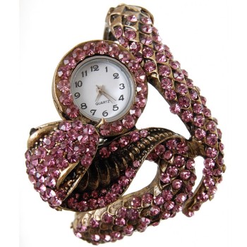 Дамски ръчен часовник с елегантен дизайн - кобра, декориран с цветни камъни
