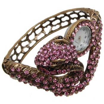 Дамски ръчен часовник с елегантен дизайн - кобра, декориран с цветни камъни