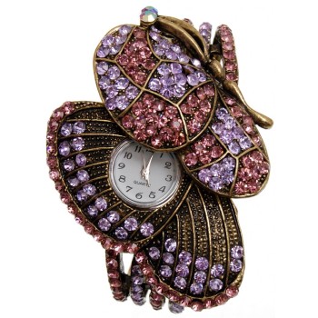 Дамски ръчен часовник с елегантен дизайн - пеперуда, декориран с цветни камъни