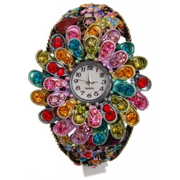 Дамски ръчен часовник с елегантен дизайн - цвете, декориран с цветни камъни