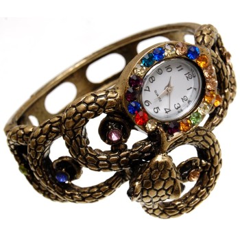 Дамски ръчен часовник с елегантен дизайн - змия, декориран с цветни камъни