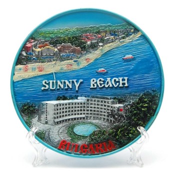 Сувенирна релефна чинийка с пластмасова поставка и кукичка за закачване - морски мотиви, Слънчев бряг