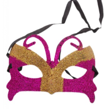 Декоративна стилна маска - тип домино с връзки, декорирана с брокат в два цвята