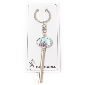 Сувенирен метален ключодържтел - ключ с въртяща се плочка, декорирана с Варненската катедрала и лого на България
