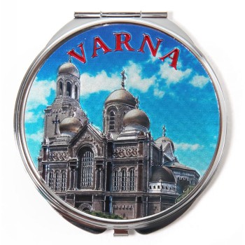 Сувенирно джобно огледало метал, декорирано с лазерни инкрустации - Варненската катедрала и лого на България