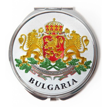 Сувенирно джобно огледало метал, декорирано с лазерни инкрустации - Варненската катедрала и Гербът на България