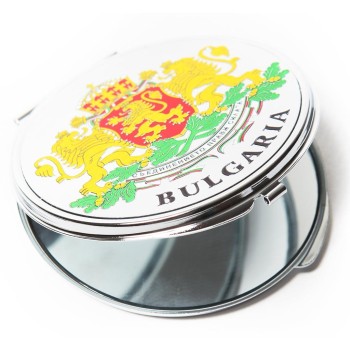 Сувенирно джобно огледало метал, декорирано с лазерни инкрустации - Варненската катедрала и Гербът на България