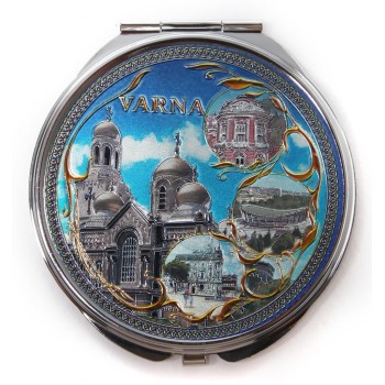 Сувенирно джобно огледало метал с капаче с декорация - забележителности от Варна
