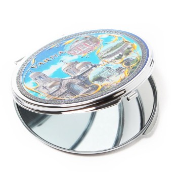 Сувенирно джобно огледало метал с капаче с декорация - забележителности от Варна