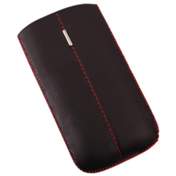 Калъф за телефон iPHONE 5, изработен от еко кожа, декориран с червен шев и метална пластинка - черен
