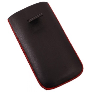 Калъф за телефон iPHONE 5, изработен от еко кожа, декориран с червен шев и метална пластинка - черен