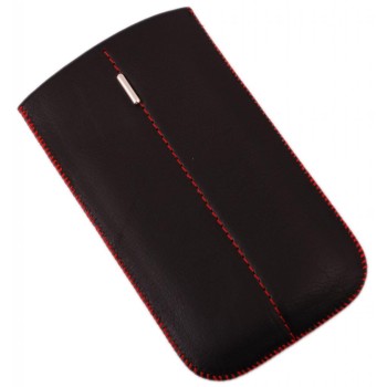 Калъф за телефон Samsung S3, изработен от еко кожа, декориран с червен шев и метална пластинка - черен