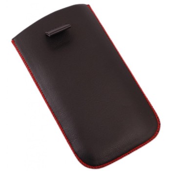 Калъф за телефон Samsung S3, изработен от еко кожа, декориран с червен шев и метална пластинка - черен