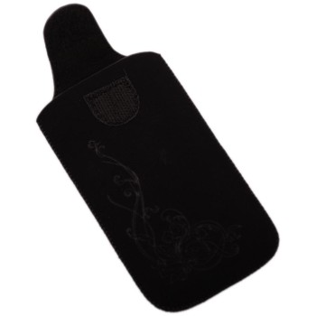 Калъф за телефон iPHONE 4 със закопчалка, изработен от мек велур, декориран с нежни флорални мотиви - черен