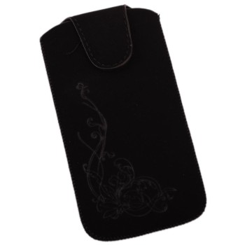 Калъф за телефон iPHONE 5 със закопчалка, изработен от мек велур, декориран с нежни флорални мотиви - черен