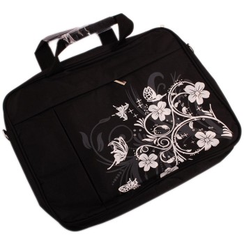 Елегантна дамска чанта за лаптоп, декорирана с флорални мотиви - черна