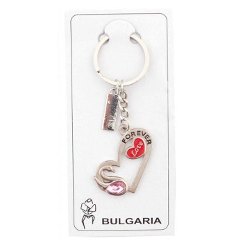 Сувенирен метален ключодържател - лебед със сърце и розово камъче