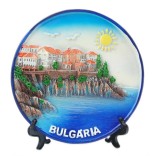 Сувенирна релефна чинийка с пластмасова поставка и кукичка за закачване - морски мотиви, България