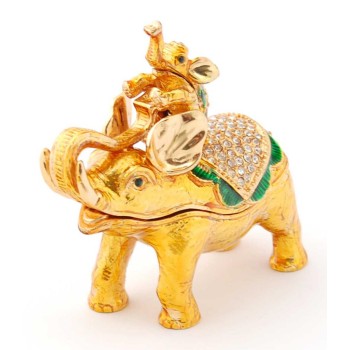 Декоративна метална кутийка за бижута във формата на слон с малко слонче на гърба - фаберже
