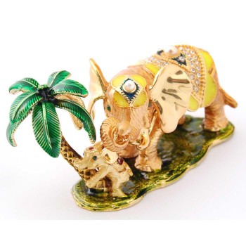 Декоративна метална кутийка за бижута във формата на слон с малко слонче и палмичка - фаберже