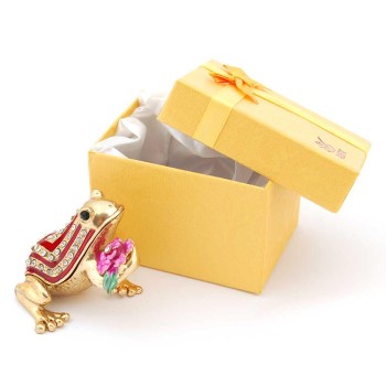 Декоративна метална кутийка за бижута във формата на жаба, държаща цвете - фаберже