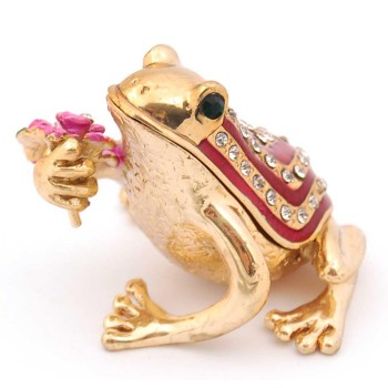 Декоративна метална кутийка за бижута във формата на жаба, държаща цвете - фаберже
