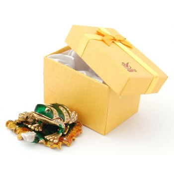 Декоративна метална кутийка за бижута във формата на жаба с малкото си върху водна лилия - фаберже