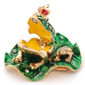 Декоративна метална кутийка за бижута във формата на жаба с малкото си върху листо - фаберже