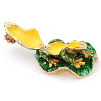 Декоративна метална кутийка за бижута във формата на жаба с корона върху листо - фаберже