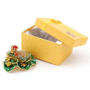 Декоративна метална кутийка за бижута във формата на жаба с корона върху листо - фаберже