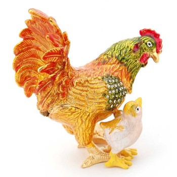 Декоративна метална кутийка за бижута във формата на кокошка с пиленце - фаберже