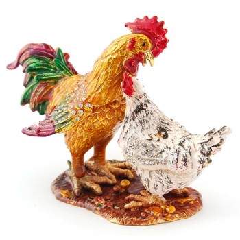 Декоративна метална кутийка за бижута във формата на кокошка и петел - фаберже