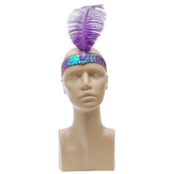 Парти аксесоар - лента за глава с пайети, цветно камъче и перо