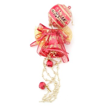 Тематична коледна украса за окачване с брокат - камбанка с музикални ноти, декоративни звънчета, панделка и топка с надпис - Весела Коледа