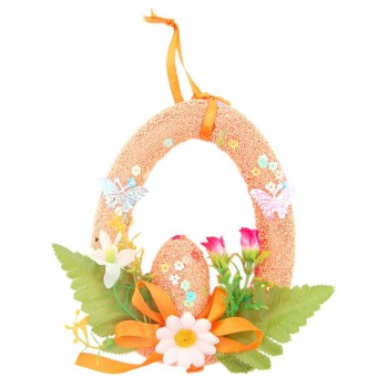Великденска украса - венец, декориран с яйце и изкуствени цветя