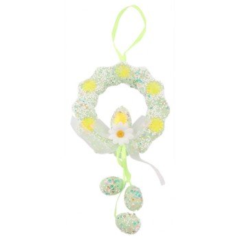 Великденска украса - венец, декориран с яйца и панделка с цвете