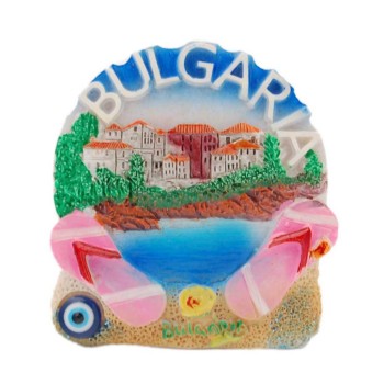 Сувенирна магнитна фигурка с джапанки - плаж с къщи, България