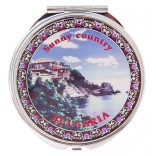 Сувенирно джобно огледало метал, декорирано с лазерни инкрустации - къщички на скали и логото на България