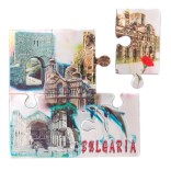 Сувенирна магнитна пластина-пъзел с лазерна графика - забележителности в Несебър, катедралата във Варна, портата на крепостната стена на Калиакра и делфини