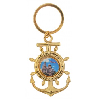 Сувенирен метален ключодържател - котва с въртяща се плочка, декорирана с Варненската катедрала и логото на България