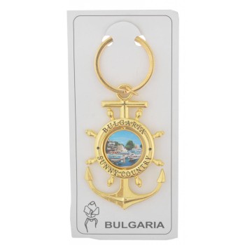Сувенирен метален ключодържател - котва с въртяща се плочка, декорирана с Капитанска среща в Несебър и логото на България