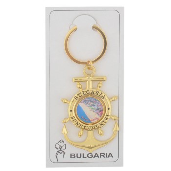 Сувенирен метален ключодържател - котва с въртяща се плочка, декорирана с изглед на плажната ивица в Слънчев бряг и логото на България